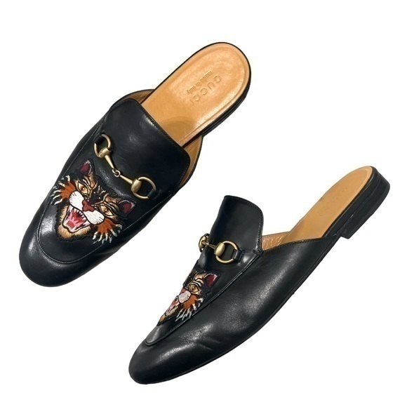 Gucci Other - GUCCI Princetown Embroidered Tiger Patch Black Leather Horsebit Loafer Mules 13